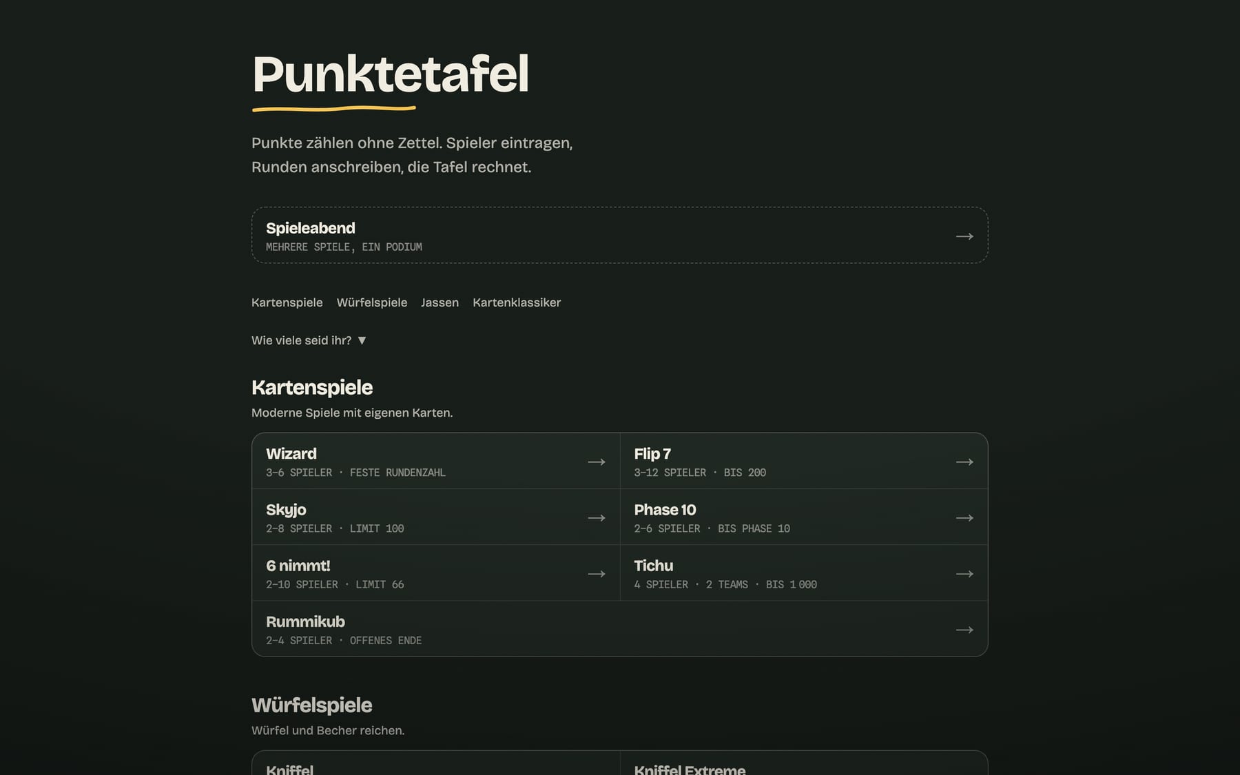 Startseite von Punktetafel am Desktop