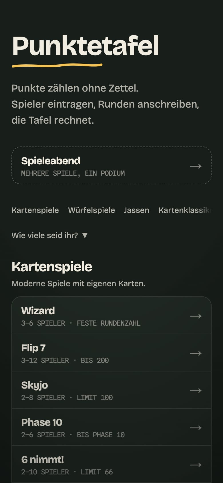 Startseite von Punktetafel am Handy